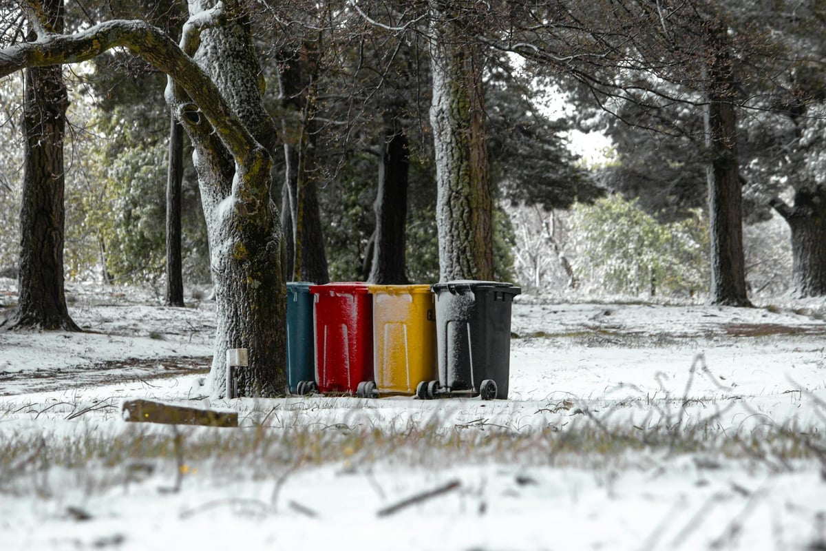 Multicolored recycling bins in a snowy winter park setting, highlighting waste management.